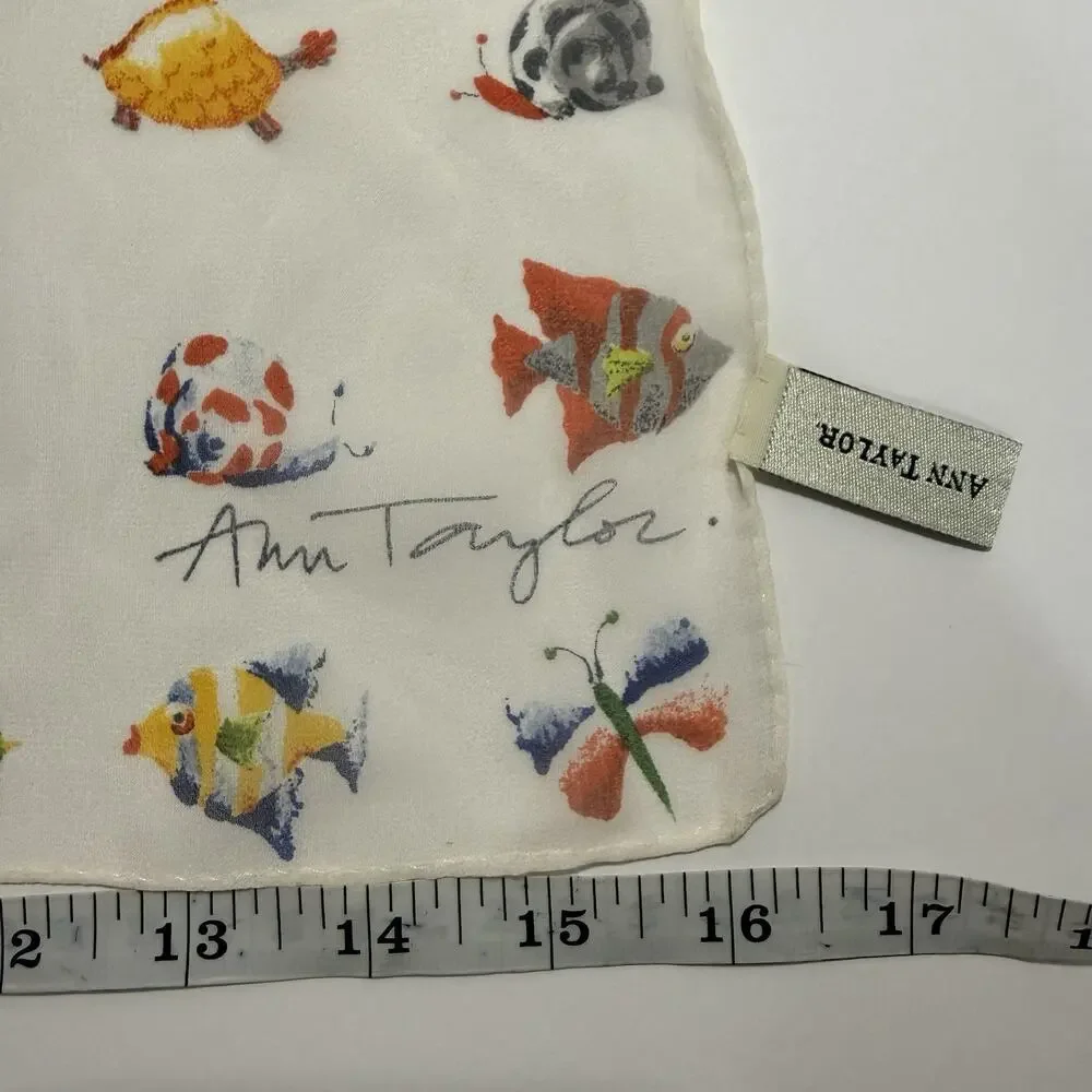 Ann Taylor Long Silk Chiffon Scarf Fish Butterflies Snails Turtles 16”x64”